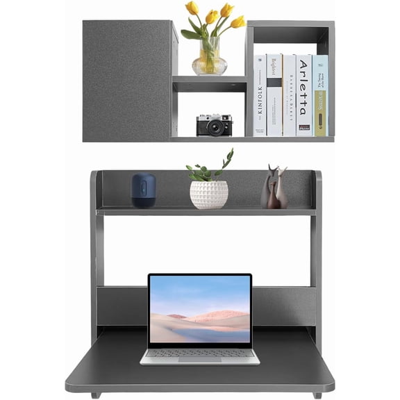 Wall Mounted Desk Fold Down Laptop Computer Table Floating Desk with Storage Compartments for Home Office Study Space Saving (Grey)