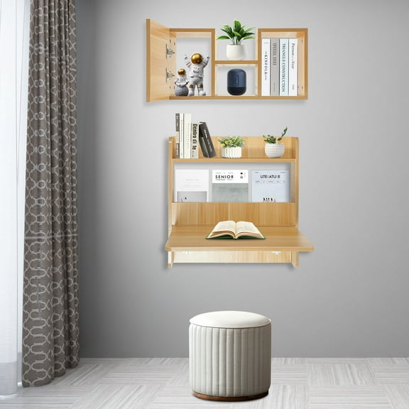 Wall Mounted Desk Fold Down Laptop Desk Folding Space Saving Table Workstation with Storage Shelves for Bedroom Study Room Small Space (Light Walnut Color/White/Grey/Walnut Color Optional)