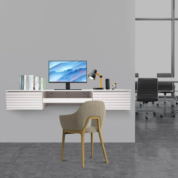 Wall-Mounted Desk with Pull-Out Drawers & Keyboard Tray – Space-Saving Design, 120 Lbs Capacity, Modern White Ecological Board for Home Office, Study, or Small Spaces