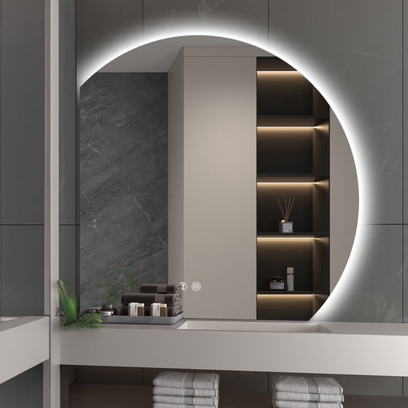 Wall Mounted Dimmable Semicircular LED Mirror Anti-Fog Backlit Lighted Bathroom Vanity Mirror