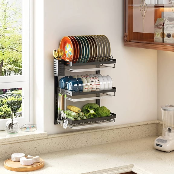 Wall Mounted Dish Drying Rack, 3 Tier Stainless Steel Hanging Drainer with Cutlery Holder and Hooks for Kitchen