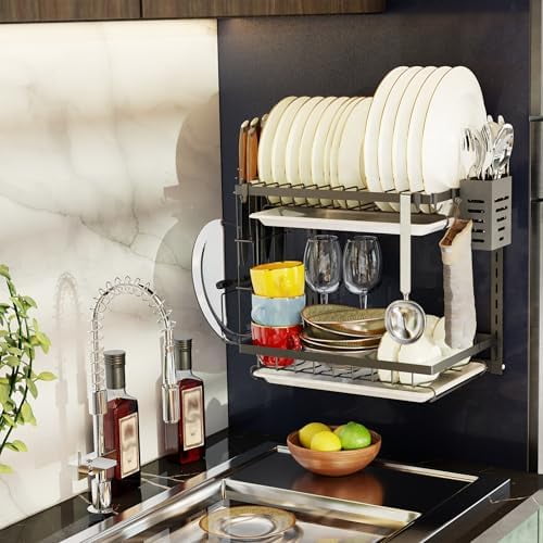 Wall Mounted Dish Drying Rack with Knives Holder, Hook*4, Hanging