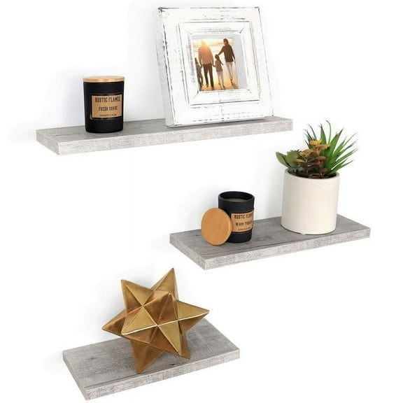 Wall Mounted Display Ledge Floating Wall Shelves Set of 3 Whitewash Gray