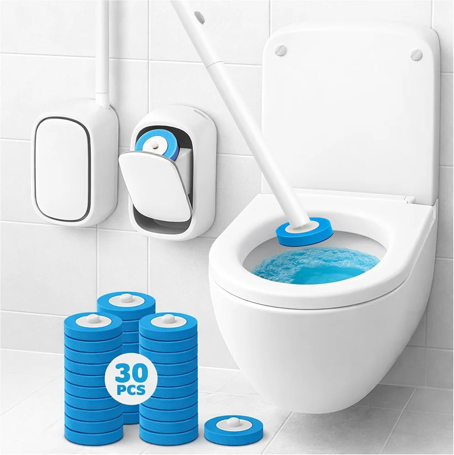Wall-Mounted Disposable Toilet Brush Kit and 30 Fresh Bleach Scrubbing Sponge Pads. Bathroom Space Saving Toilet Wand kit. Toilet Bowl Brush and Holder Set. (Starter Kit + 30 Brush)