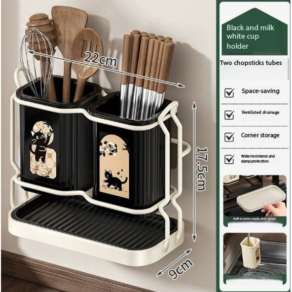 Wall-Mounted Double Chopstick Storage Rack - Multi-Functional Kitchen Chopstick Cage with Drainage Design