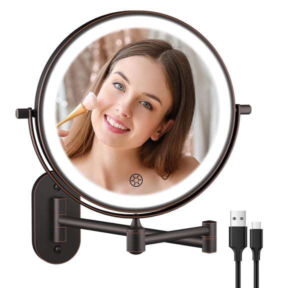Wall Mounted Double Sided Vanity Mirror 1X 30X Magnification Touch Dimming 360 Rotation Antique Bronze