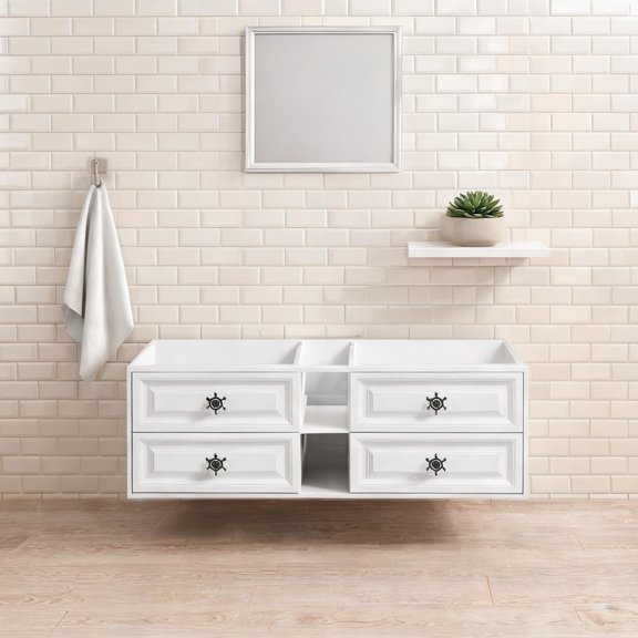 Wall-Mounted Double Vanity Cabinet 60 Inch with Drawers and Open Shelves in Classic White