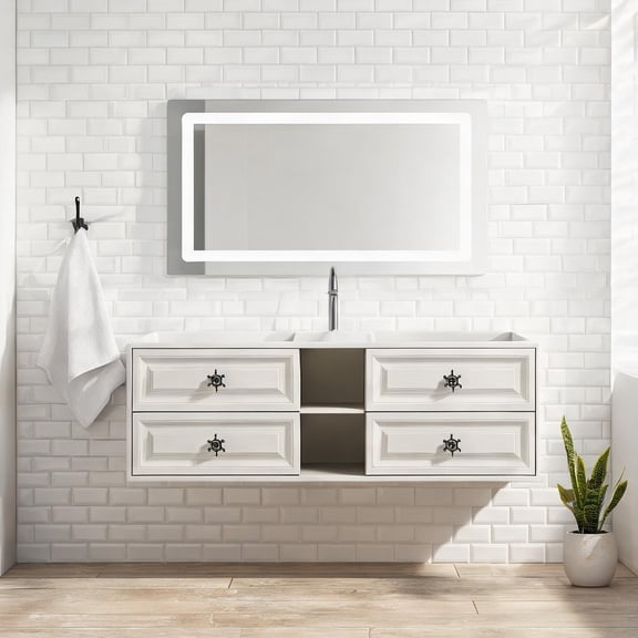 Wall-Mounted Double Vanity Cabinet in Neutral Beige with Soft-Close Drawers, 72 Inches