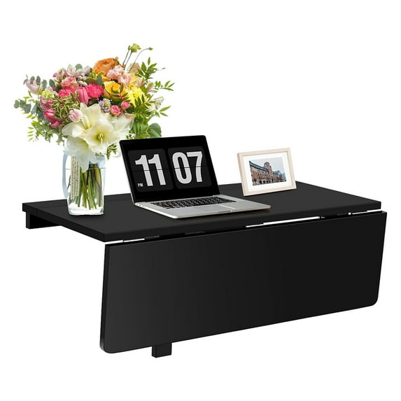 Wall Mounted Drop Leaf Desk, 31.5 x 23.5 Inch Folding Floating Table for Small Spaces, Space Saving Workstation for Study Kitchen Laundry, Black