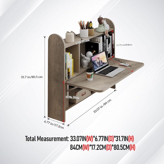 Wall Mounted Drop-Leaf Table with Shelves, Rustic Oak Floating Laptop Desk for Home Office Space Saving