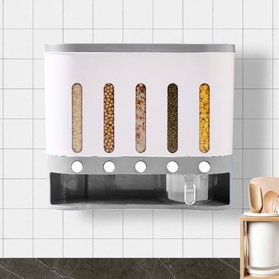 Wall Mounted Dry Food Dispenser, Rice Dispenser Kitchen Organization, 5 Grid 10L Storage Dispenser, Free Control of Food Output, Dry Food Storage Box For Home and Kitchen, Suitable for Rice, Beans