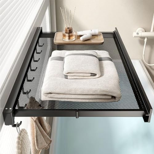 Wall-Mounted Dry Racks Retractable for Bathroom Wall Mounted with Hooks Clothes Drying Rack Bathroom Shelf for Collapsible Storage Rack Foldable Towel Holder for Kitchen, Balcony Laundry Room