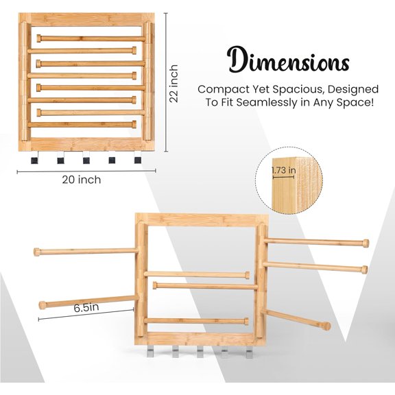 Wall Mounted Drying Rack - 20 Inch Bamboo Clothes Rack with 5 Hooks and 8 Arms for Laundry Room