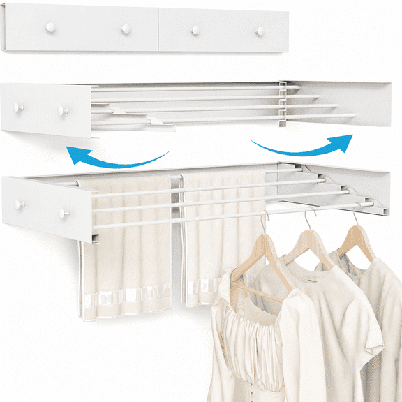 Wall Mounted Drying Rack 23.6'', Foldable Laundry Drying Rack Wall Mount with 4 Towel Hooks and 4 Rods, Space Saving Drying Rack Clothing for Indoor Outdoor Bathroom Balcony (White, 23.6'')