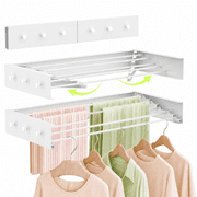 Wall Mounted Drying Rack 32, Foldable Laundry Drying Rack Wall Mount with 6 Towel Hooks and 5 Rods,60lbs Capacity, Space Saving Clothing for Indoor Outdoor Bathroom Balcony