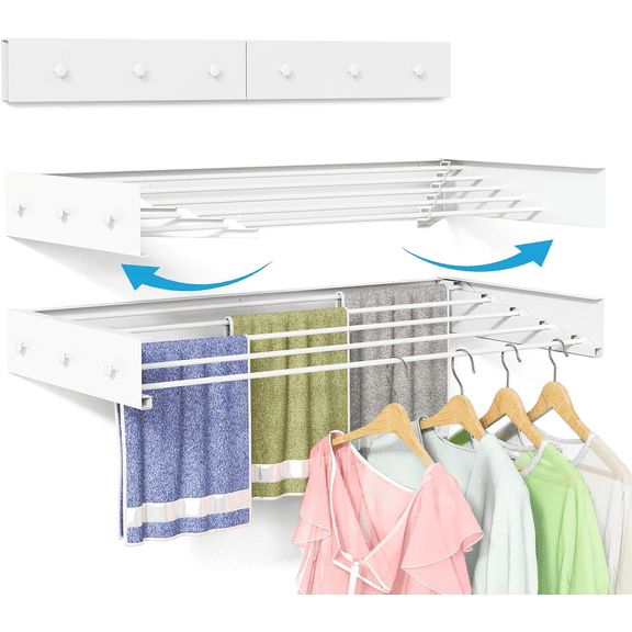 Wall Mounted Drying Rack 23.6'', Foldable Laundry Drying Rack Wall Mount with 4 Towel Hooks and 4 Rods, Space Saving Drying Rack Clothing for Indoor Outdoor Bathroom Balcony (White, 23.6'')
