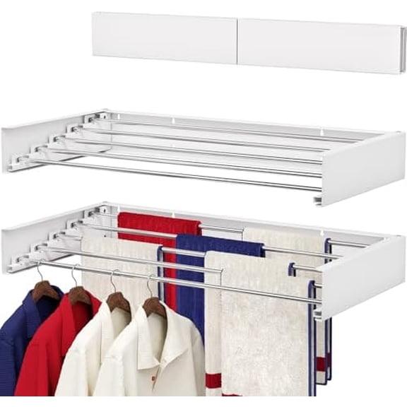 Wall Mounted Drying Rack 31.5", Foldable Laundry Drying Rack with Stainless Steel Rods, Retractable Laundry Space Saver for Indoor & Outdoor Use, Include Wall Template
