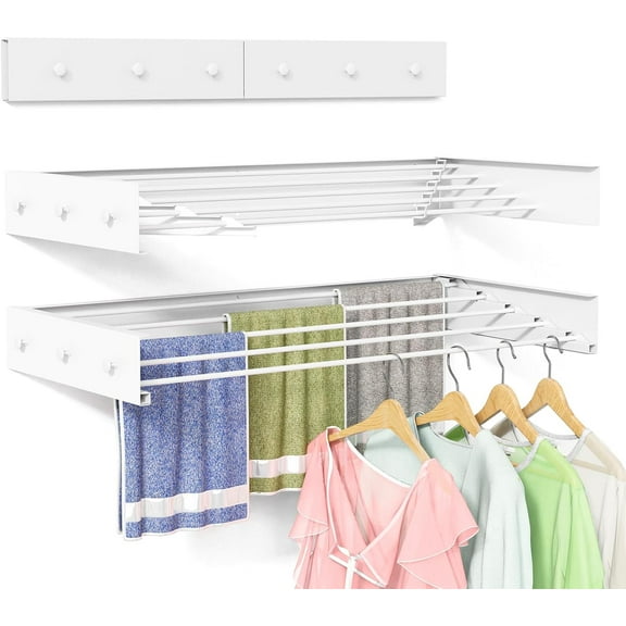 Wall Mounted Drying Rack for Laundry 40'', Folding Drying Rack Clothing Wall Mount with 5 Rods and 6 Hooks, Space Saving for Indoor Outdoor Bathroom Balcony (White, 40'')