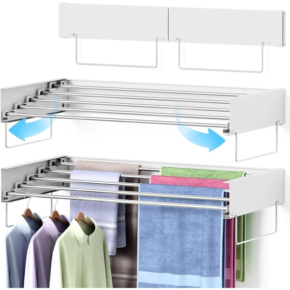 Wall Mounted Drying Rack Laundry Clothes Drying Rack Foldable Collapsible Hanger Clothing Wall Mount 2 Towel Handles Wall Template Indoor Outdoor Hanging Clothes 5 Rods