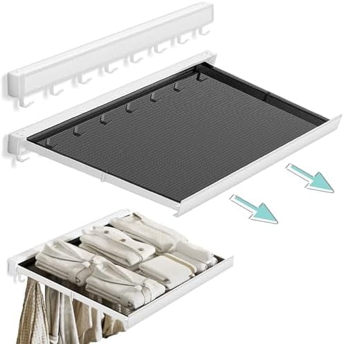 Wall Mounted Drying Rack: Retractable Indoor Clothes Drying Rack  Aluminum Alloy Frame w/Soft Mesh Surface. Laundry Rack & Temp Shelf for Balcony, Bathroom, Kitchen. Includes 8 Hooks.