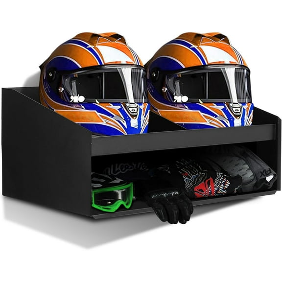 Wall-Mounted Dual Helmet Holder for Motorcycle Helmet, Helmet Cabinet with Hooks for Hook Clothes, Aluminum Storage Cabinet Organizer, Fashion Storage Rack Ideal for Garage and Shop, Black