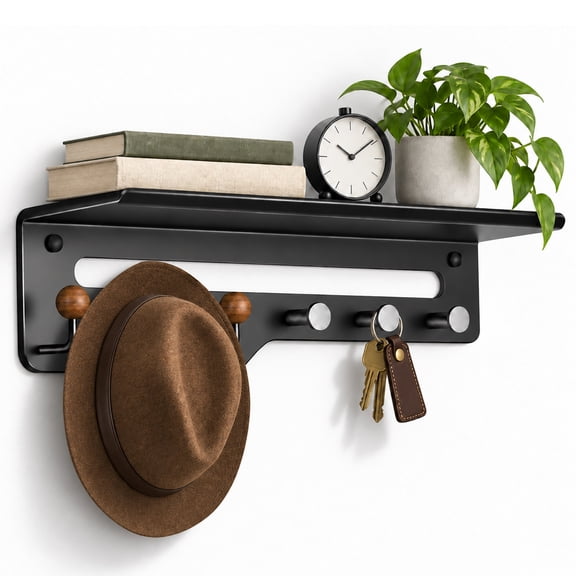 Wall Mounted Coat Rack, No Drill 3-in-1 Design, 6 Hooks, 17.1 x 4.7 in, Wood and Carbon Steel Build, Raised Shelf Guardrail, Rounded Clothing Holders, Separate Key Storage, Door-Back Friendly Width