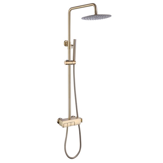 Wall Mounted Exposed Brushed Gold Rain Shower System Set, Triple Function Tub Spout Shower Faucet Fixture Combo Set