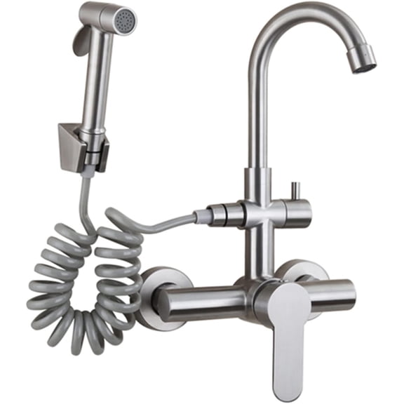 Wall Mounted Faucet Kitchen, 360° Rotatable Kitchen Faucet, with Extendable Bidet Sprayer Easy Installation Wall Mount Mixer Kitchen Tap, SUS 304 Stainless Steel,Matte black