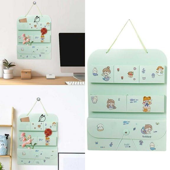 Wall Mounted File Organizer with 6 Pockets, Hanging Document Holder for Bills Receipts, Plastic Magazine Rack, No Drill Adhesive for Home Office, Green