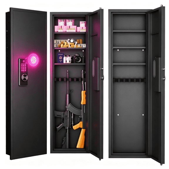 Wall Mounted Fingerprint Gun Safe, 53in Hidden Storage Cabinet with Biometric Lock Digital Password Access and Adjustable Shelves, In Wall Rifle Safe for Home Office Bedroom Closet Organization