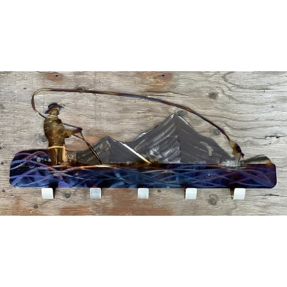 Wall Mounted Fisherman Home Decor, Metal Wall Art, Coat Rack, Towel Rack, Wall Hanging with 5 Hooks