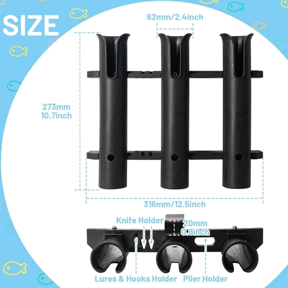 Wall Mounted Fishing Rod Holder, 3 Link Rod Rack for & Coolers, Black