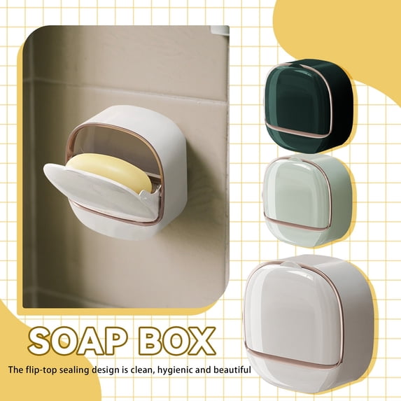 Wall Mounted Flip-top Soap Box Holder with Drain Tray,Waterproof Soap Dish for Bathroom Kitchen Counter and Sink,1-Piece,Blue