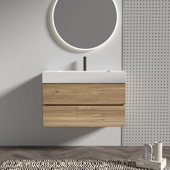Wall Mounted Floating Bathroom Vanity 36 inch, Soft Close Drawers with White Engineered Quartz Sink, Rough Oak Modern Vanity for Small Bathroom, KD