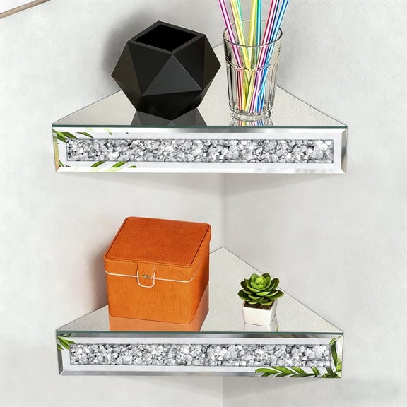 Wall Mounted Floating Corner Shelves, Set of 2, 11" Silver Mirrored Corner Shelf with Crushed Diamond Inlay, Modern Wall Shelves for Living Room, Bedroom, Bathroom, Kitchen