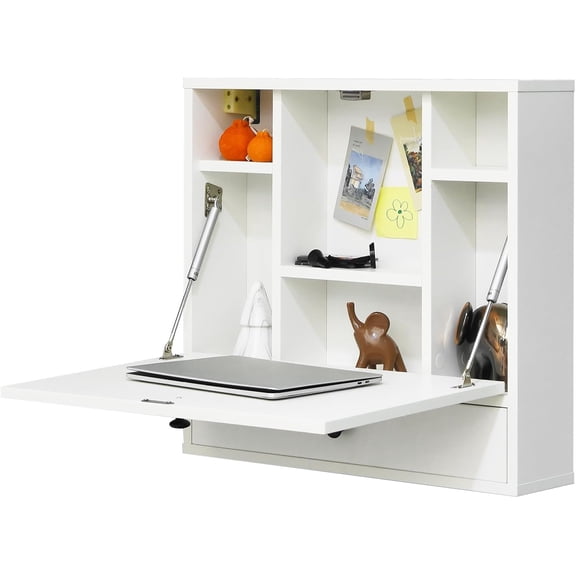 Wall Mounted Floating Desk w/Storage Drawer & Shelves, Folding Drop-Leaf Table for Home Office, Space Saving Laptop Desk (White)