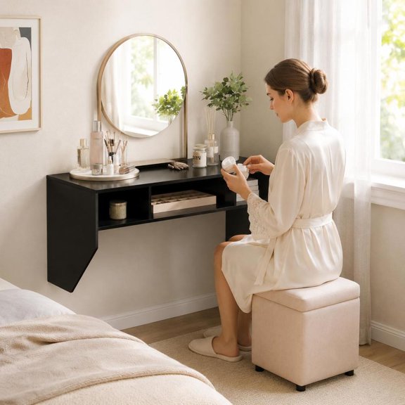 Wall-Mounted Floating Laptop Desk, 3 Storage Compartments, Black, Space-Saving Design for Small Spaces