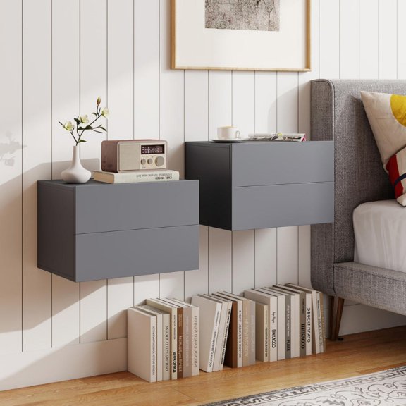 Wall Mounted Floating Nightstand, with 2 Storage Drawers, Gray, Space Saving, for Bedroom Use