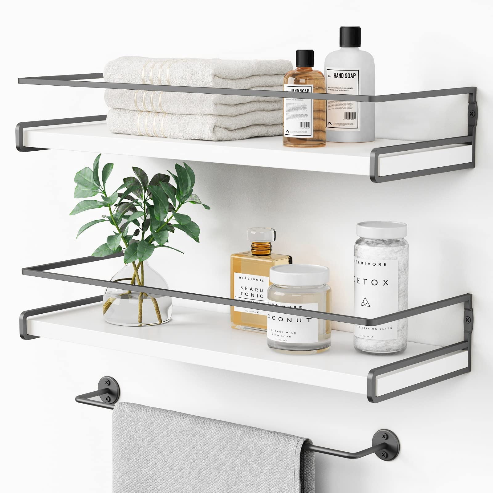 White Floating Shelves for Bathroom Organizer Over Toilet, Bathroom Shelves Wall Mounted with Towel Rack, Corner Wall Shelf for  Decor Kitchen Storage (White-Dark Grey, Set of 2)