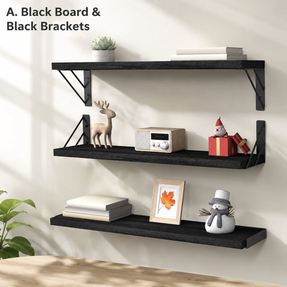 Wall Mounted Floating Shelves, Black Wood, Set of 3, 23in