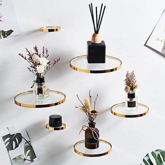 Wall Mounted Floating Shelves,Display Ledge,Modern Round Gold Display Plant Ledge Rack Transparent Home Decoration Accessories for Room,Kitchen,Office,L