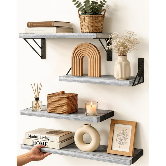 Wall Mounted Floating Shelves, E. Gray White Board &amp; Black Brackets, 16 ...