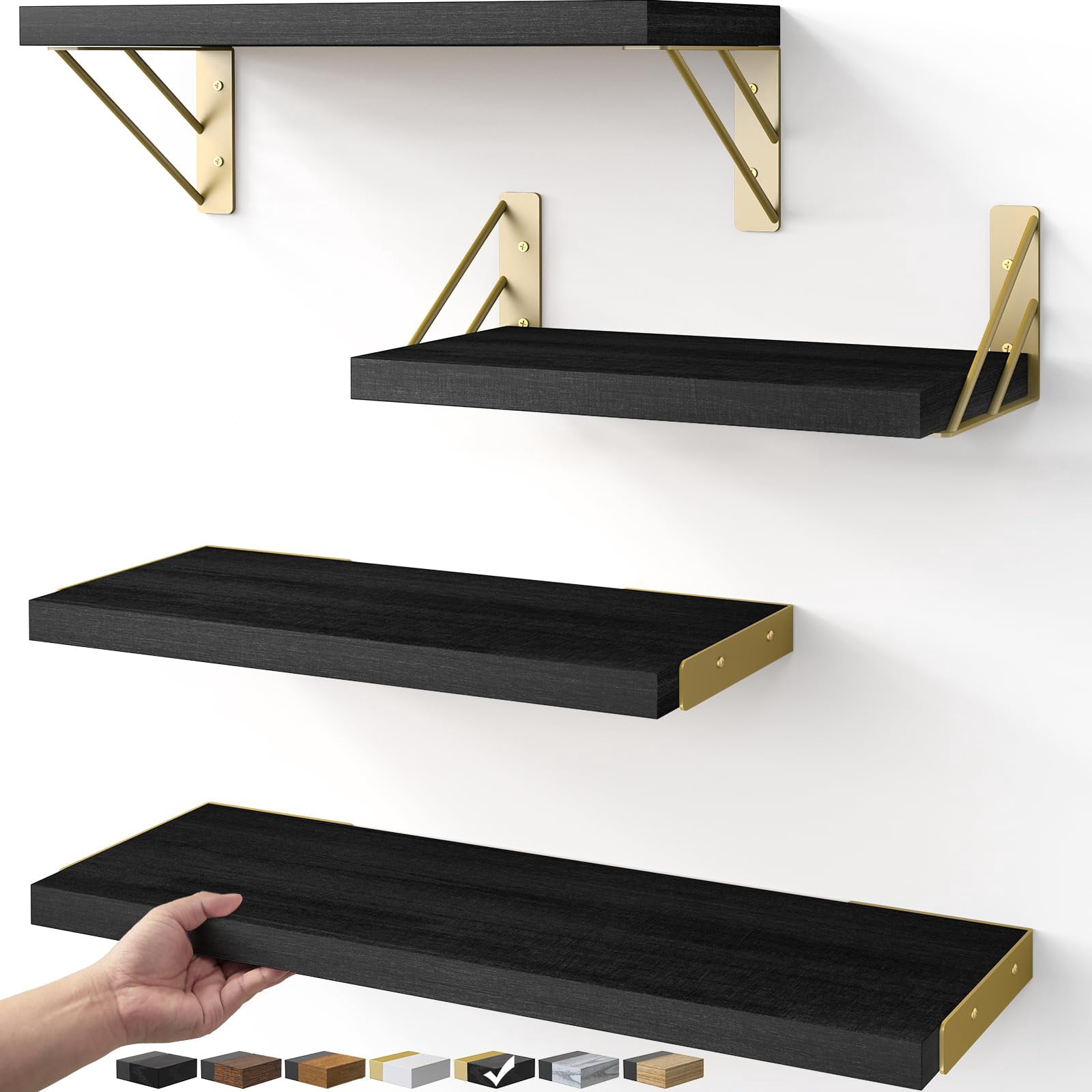 Wall Mounted Floating Shelves, G. Black Board &amp; Gold Brackets, 16-inch ...