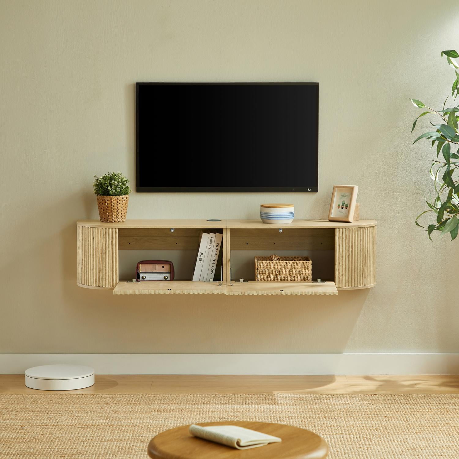 Wall Mounted Floating TV Cabinet 55-Inch with Fluted Doors and Cable Management, Media Console and Entertainment Center for Living Room Bedroom, Natural