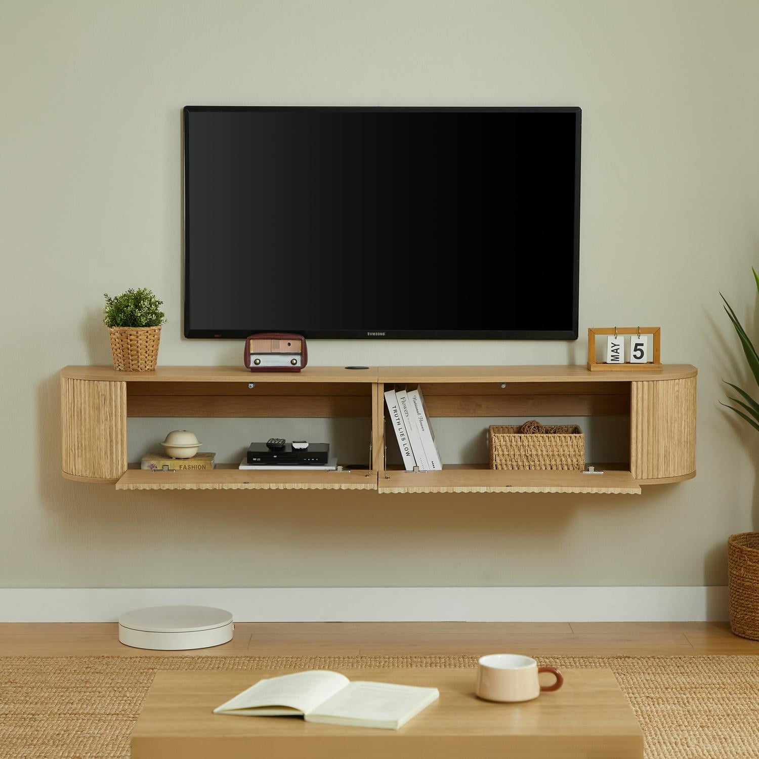 Wall Mounted Floating TV Cabinet 71-Inch with Fluted Doors and Cable Management, Media Console and Entertainment Center for Living Room Bedroom, Natural