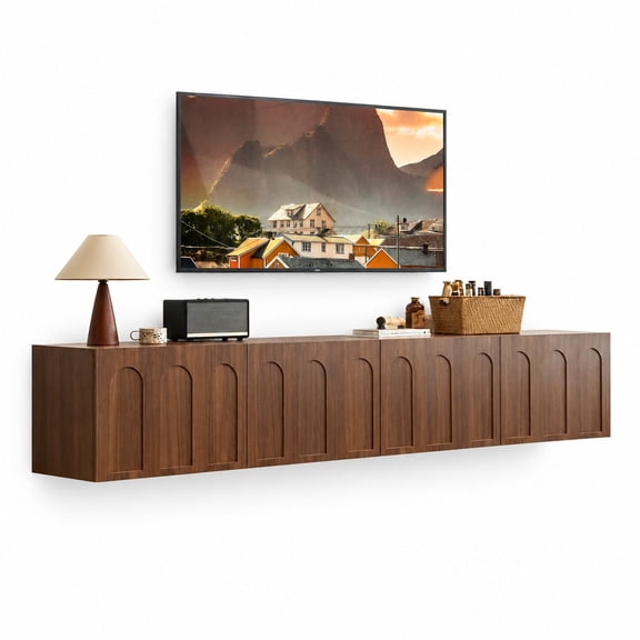 Wall Mounted Floating TV Stand 71 Inch Walnut, Mid Century Modern Entertainment Center with Storage & Sliding Door, Shelving Unit for TVs 70 80 90 Inches
