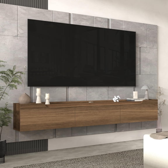 Wall Mounted Floating TV Stand For Up To 80 Inch TVs, Modern Entertainment Center Media Console Storage Cabinet With Cable Management Hidden Compartments Handle Free Doors, Walnut