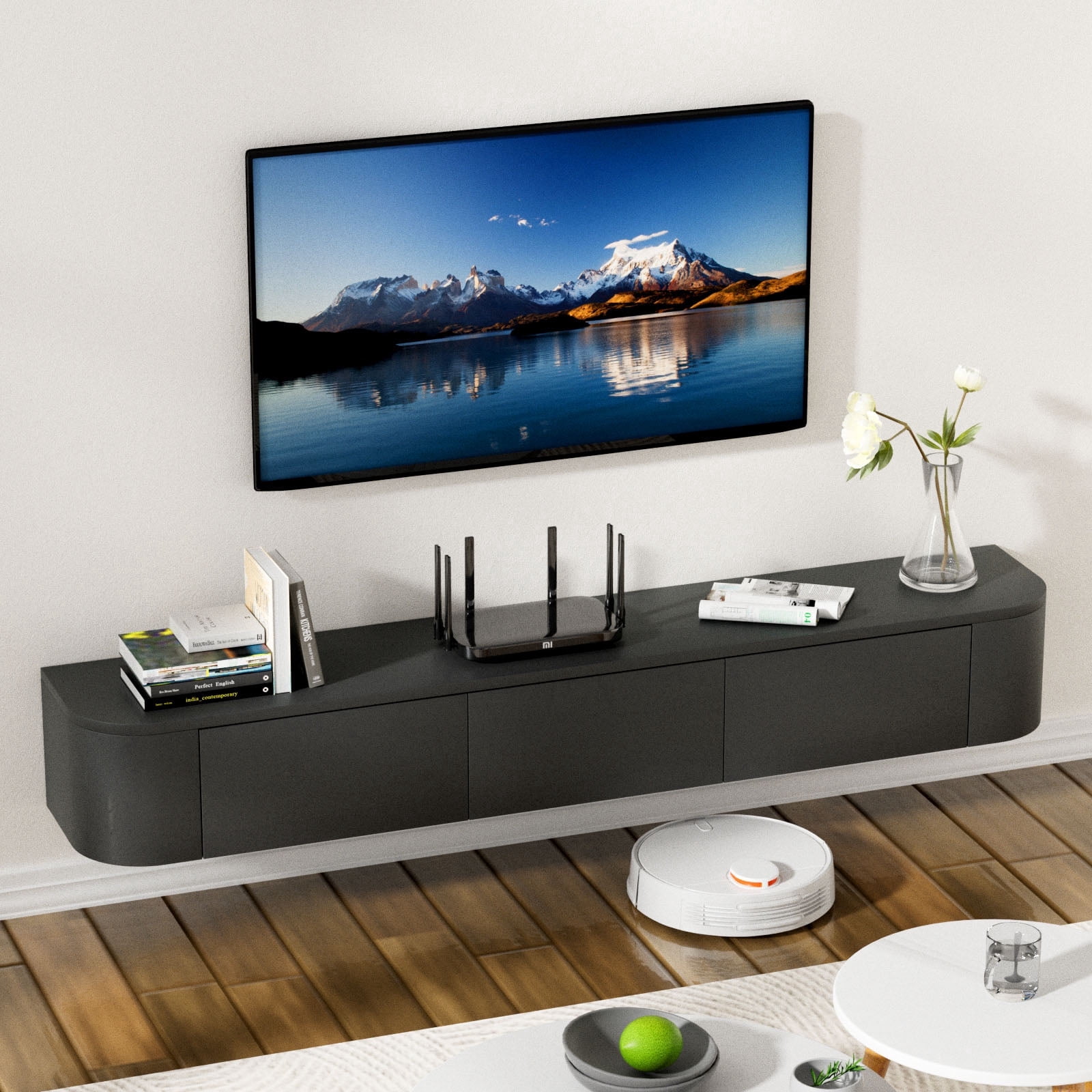 Wall Mounted Floating TV Stand Modern Media Console with 2 Drawers 1 Silent Door for Living Room Home Office (Black 140CM/55.1'')