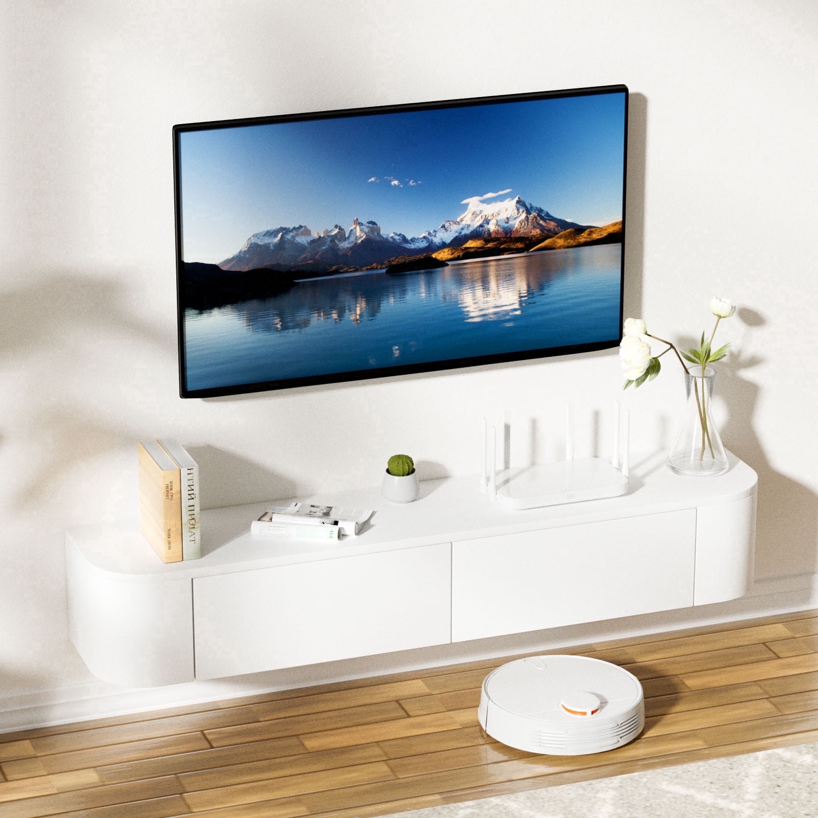 Wall Mounted Floating TV Stand Modern Media Console with 2 Silent Doors for Living Room Home Office (White 120CM/47.2'')