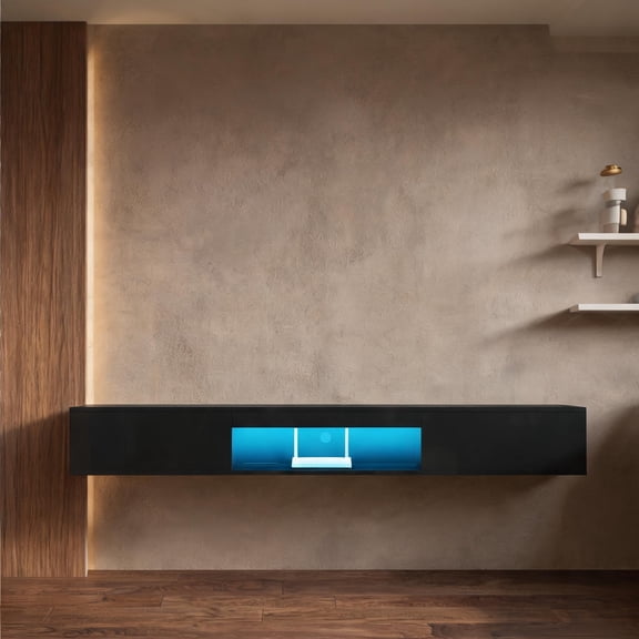 Wall-Mounted Floating TV Stand with Storage and 16-Color LED Lights, Jet Black, 69 Inches
